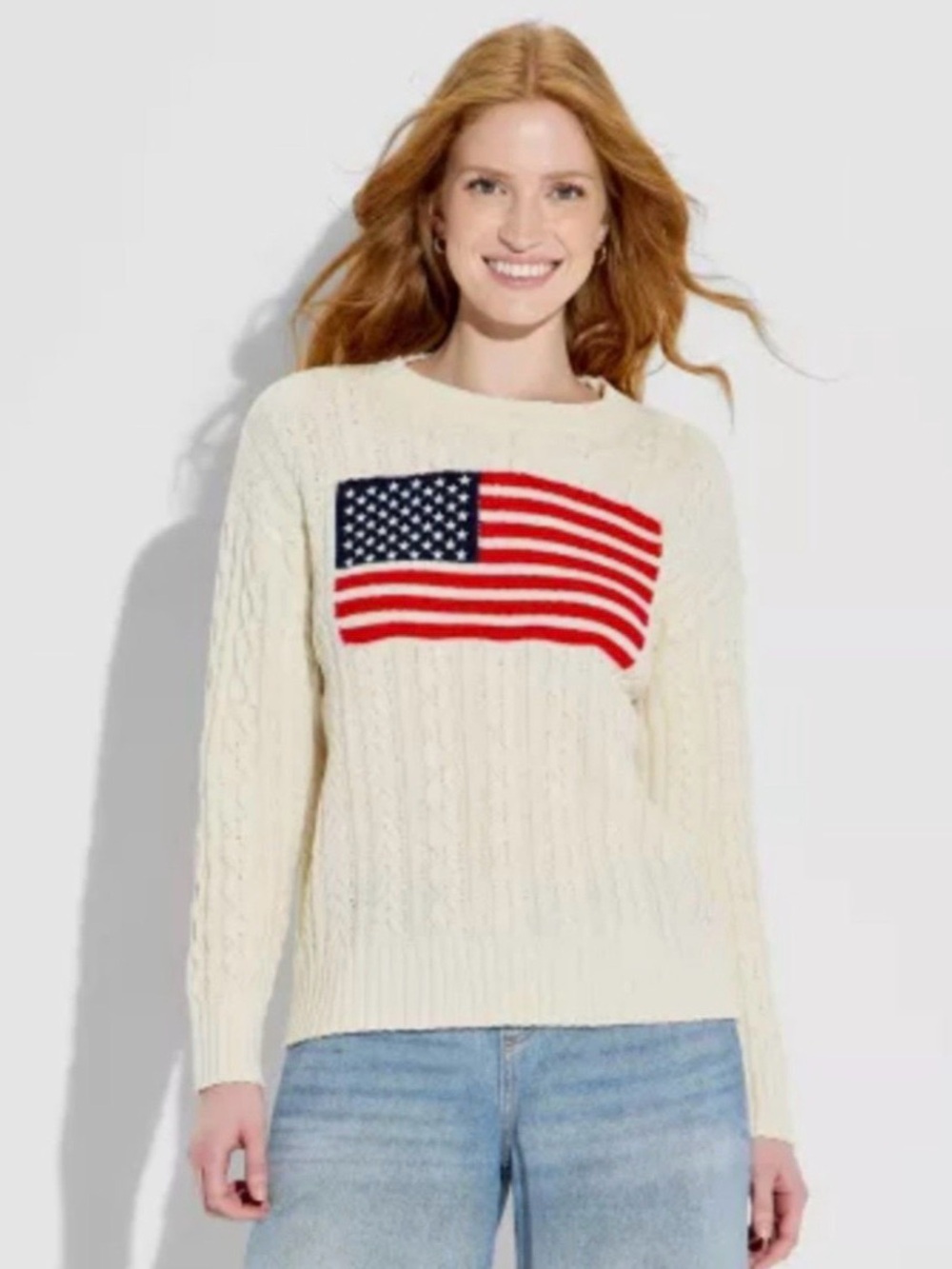 Wild Fable Women's Crewneck Americana USA Flag Pullover Sweater Off-White NWT